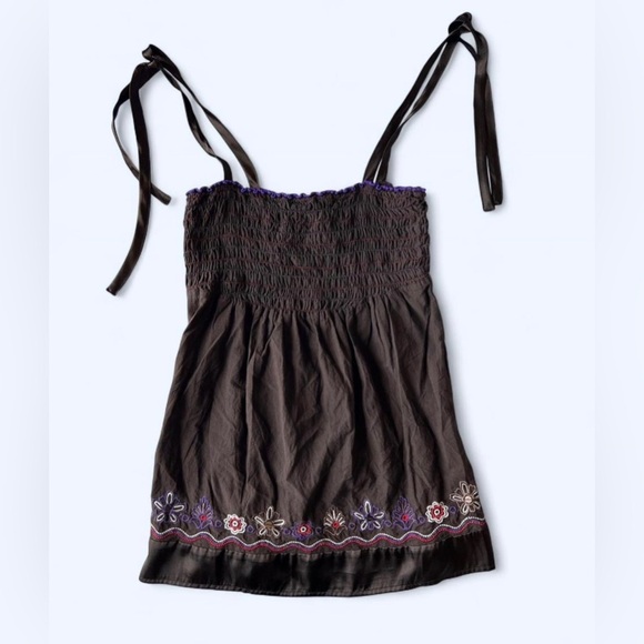 Dynamite Tops - Y2K Dynamite Womens Brown Mocked Embroidered Fairy Top Ribbon Straps Medium